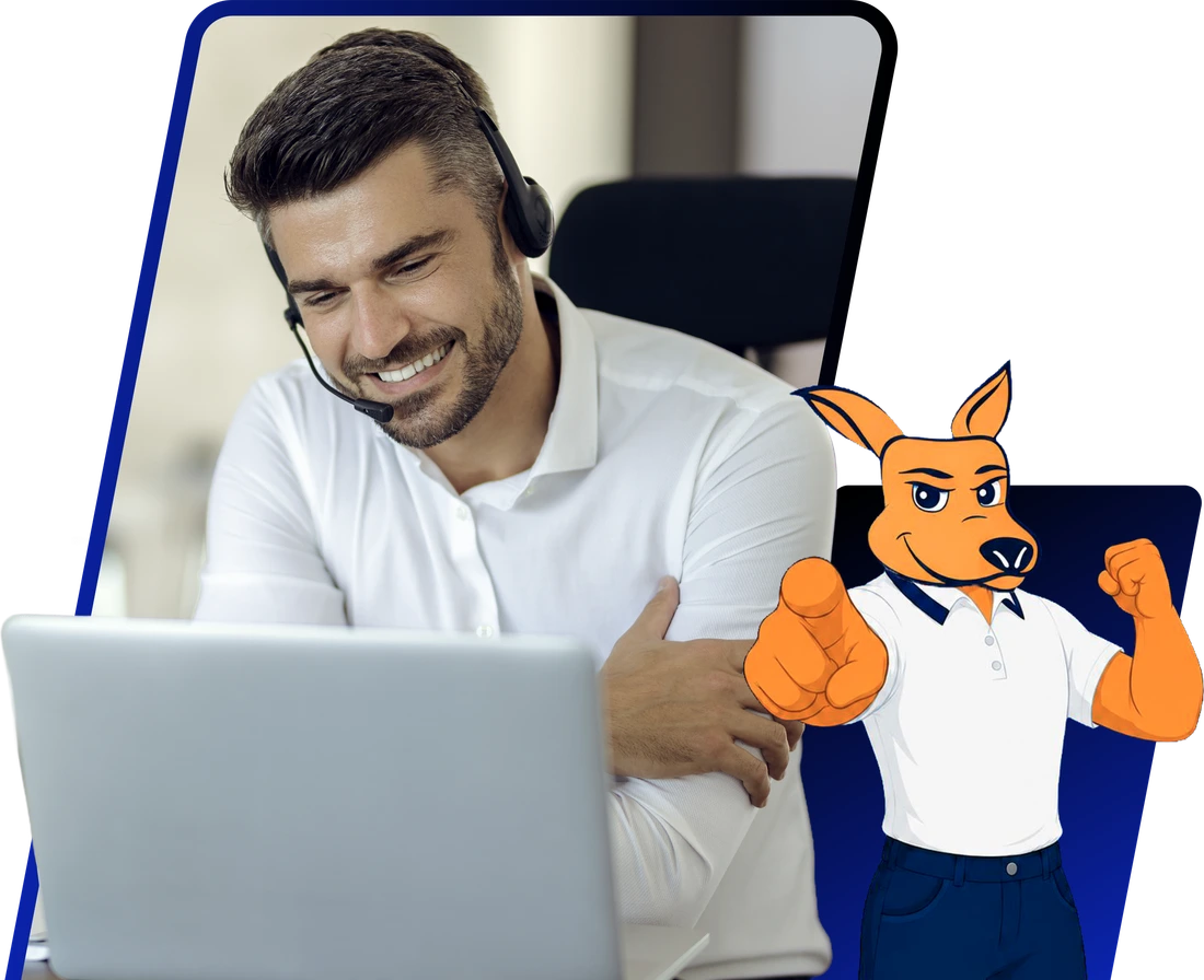 Canguro Hosting support agent next to our mascot, ready to help you